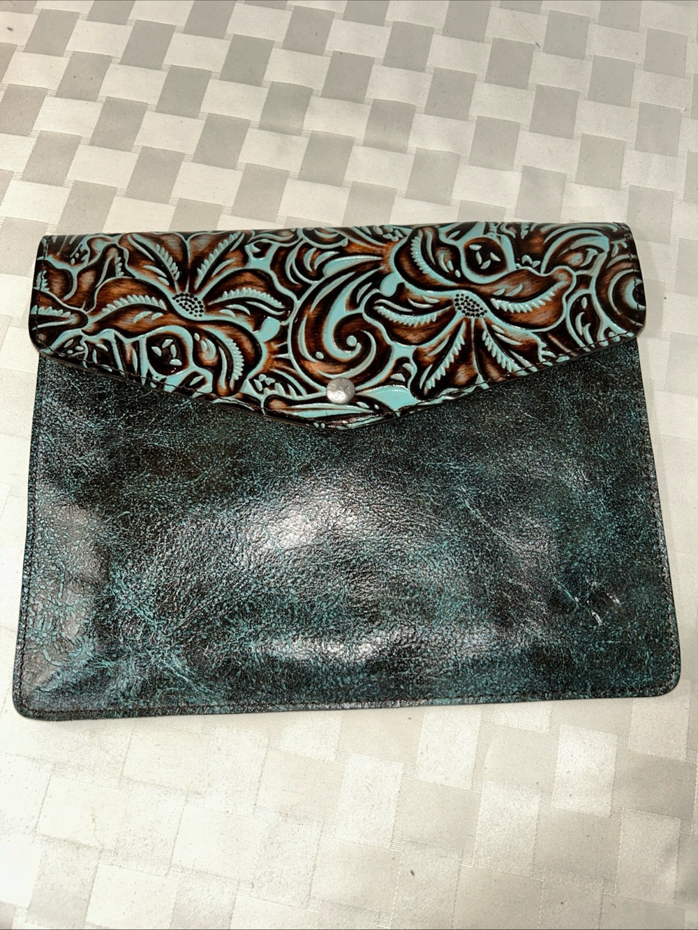 Patricia Nash Turquoise & Brown Tooled Leather Envelope Clutch